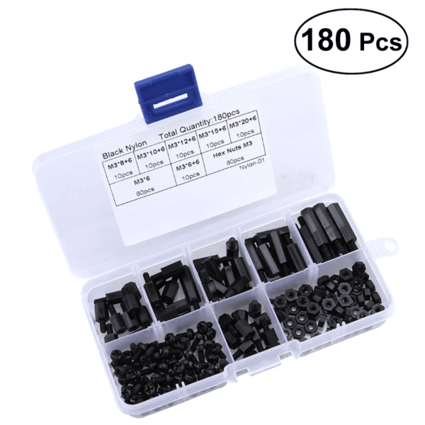 180pcs M3 Nylon Spacers Screws Nuts Hexagon Studs Box Kit