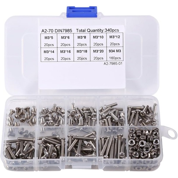 340pcs M3 304 Stainless Steel Hexagon Screws Nuts Box Kit