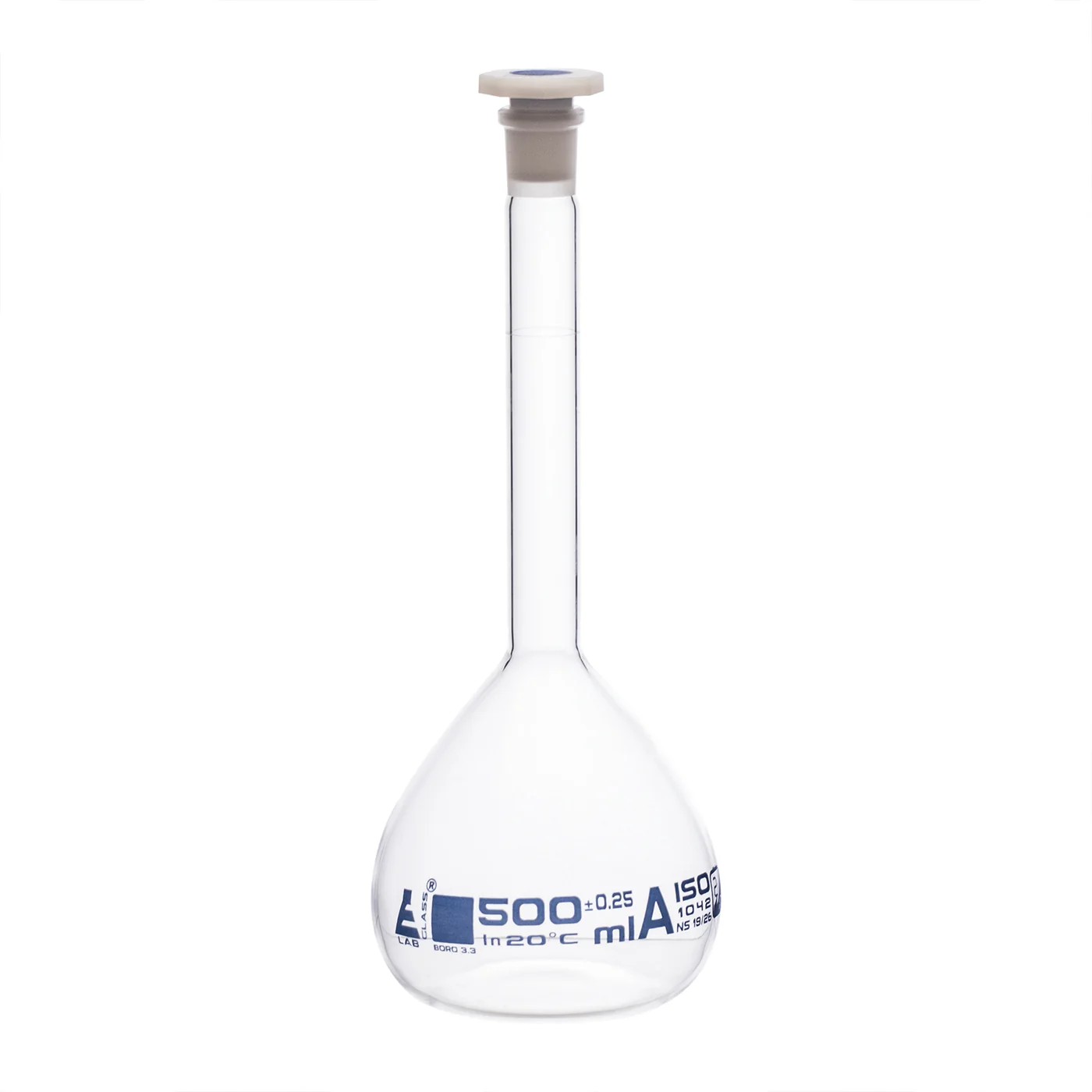 Volumetric Flask, 500ml - Class A - Borosilicate Glass with Plastic stopper